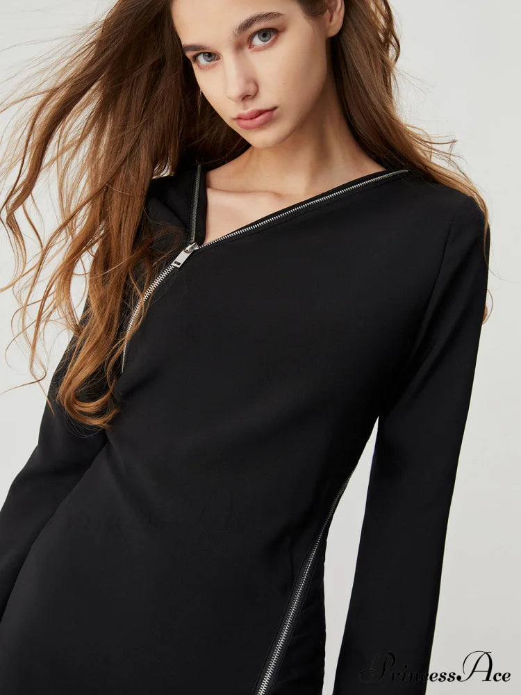Asymmetrical Neck Zippered Split Modern Long Sleeve Midi Dress Dresses