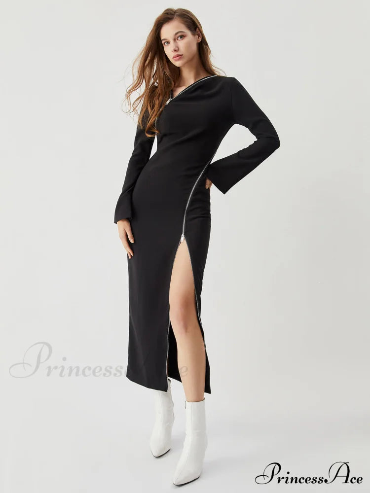 Asymmetrical Neck Zippered Split Modern Long Sleeve Midi Dress Dresses