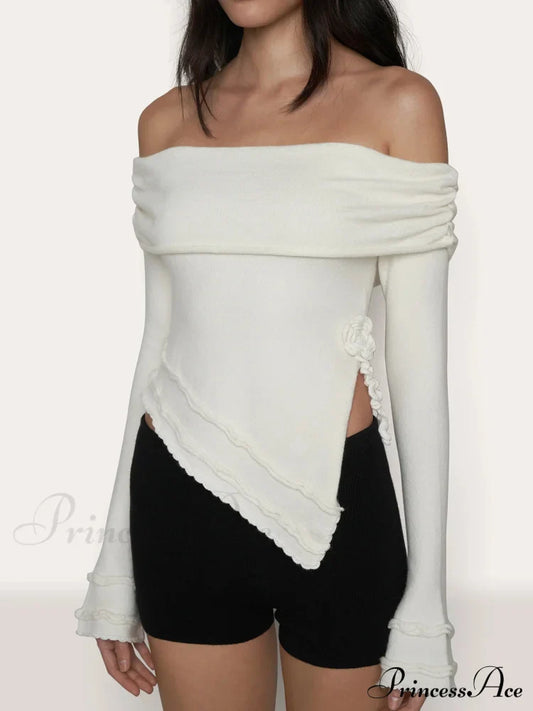 Asymmetrical Split Off Shoulder Modern Floral Cable Knit Top White / Xs Sweaters-L