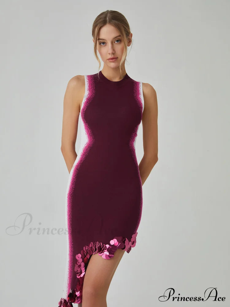 Asymmetry Hem With Trendy Glitter Decor Short Dress Sweaters-L