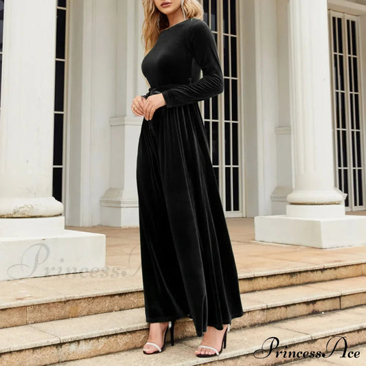 Autumn New Green Velvet Long Dress Elegant Vintage O-neck Lace-up Christmas Party Dress