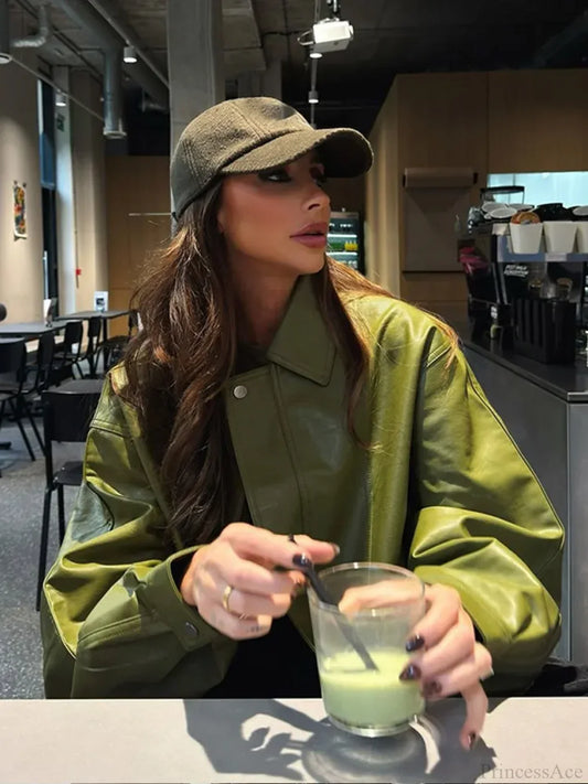 Avocado Green Single Breasted Leather Coat Green / S