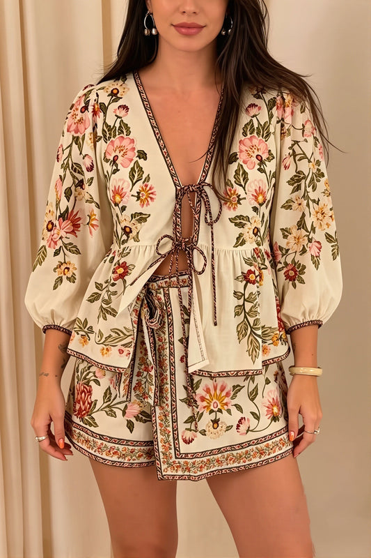 Boho Floral Linen Tie Mini Skirt Set