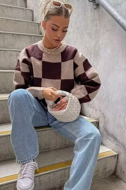 heckerboard Knit Crewneck Loose Long Sleeve Sweater