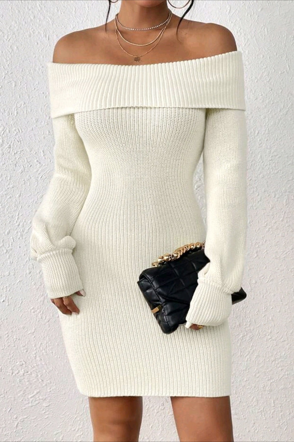 Long Sleeve Off Shoulder Slim Fit Knit Sweater Dress S / White