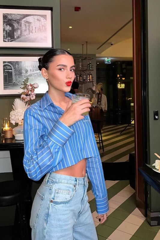 Striped Long Sleeve Loose Short Shirt Bloshope