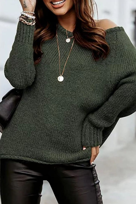 Off-Shoulder Crew-Neck Loose Knit Sweater
