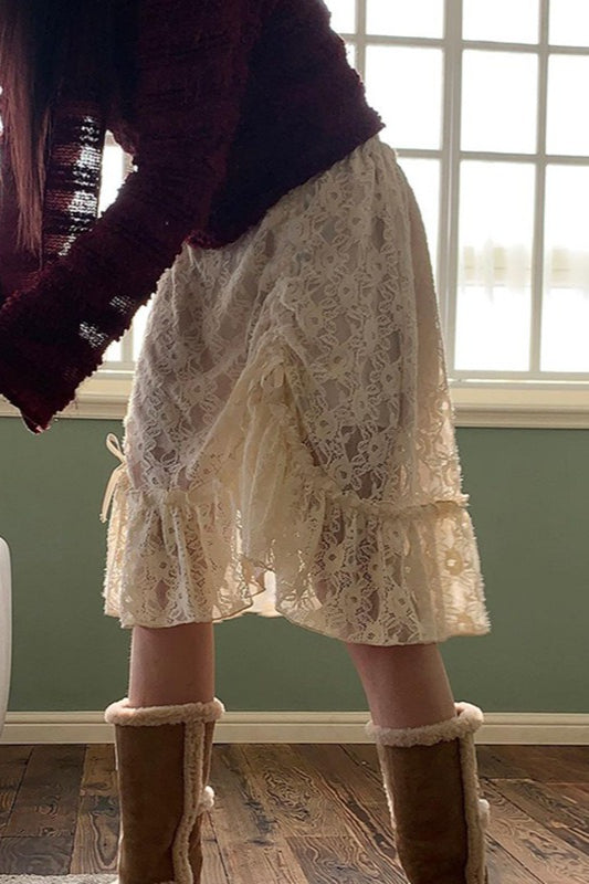 Ruched Lace Patchwork Midi Skirt