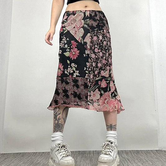 Chic Floral Print Low Rise Patchwork Skirt
