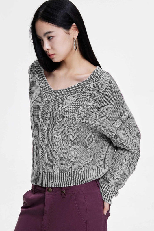 V-Neck Long Sleeve Cable Knit Sweater