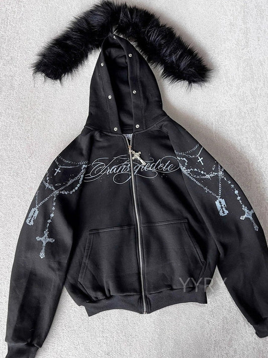 Printed Zipper Detachable Fur Hoodie