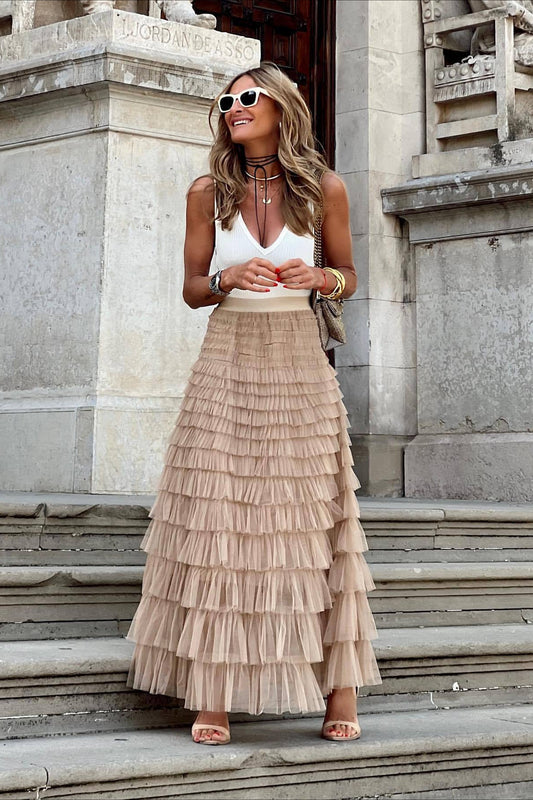 High Waist Mesh Tiered Skirt