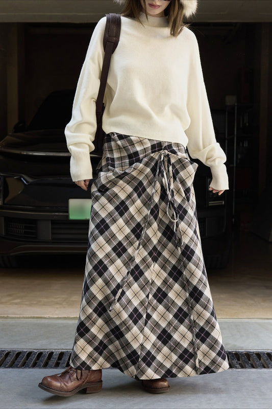 Asymmetric Color Block Plaid Midi Skirt