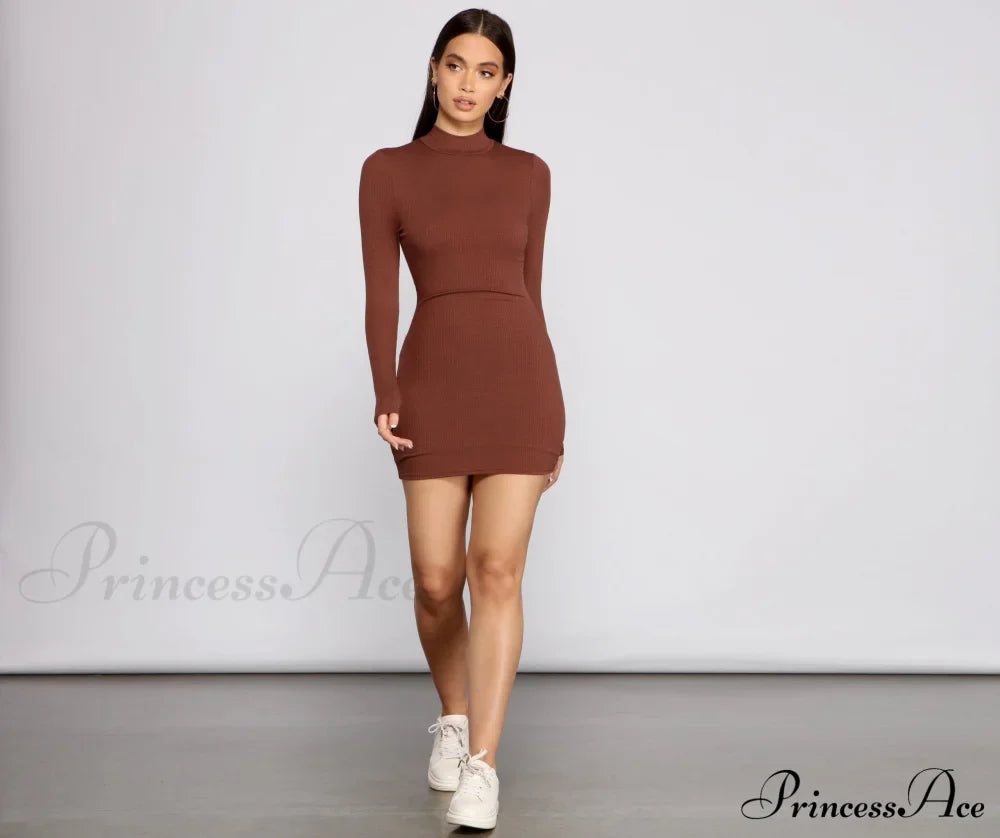 Basic Ribbed Knit Charming Long Sleeve Mini Dress T-Shirts