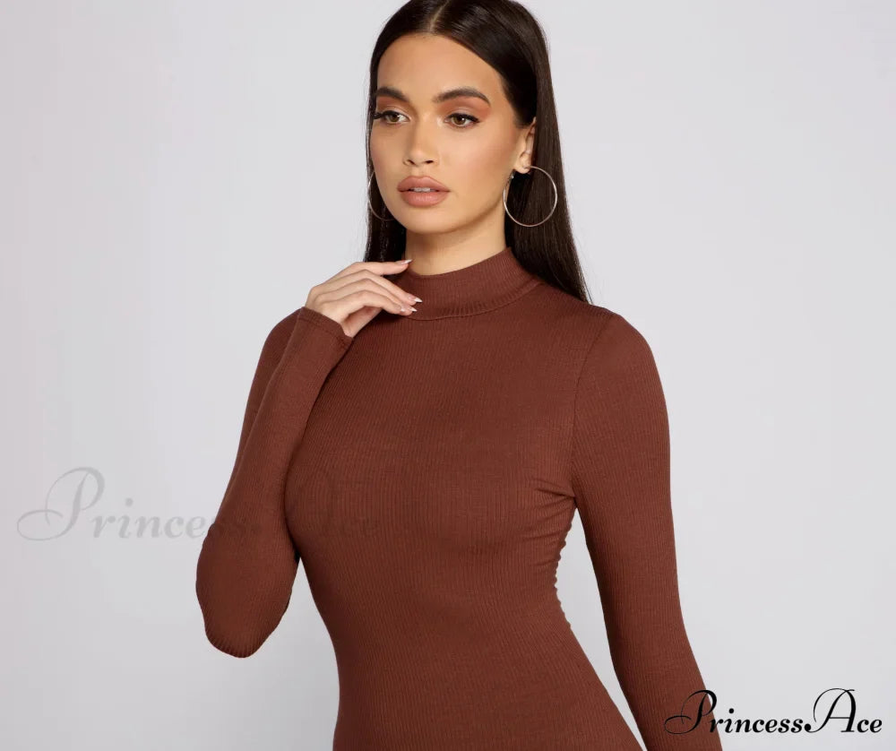 Basic Ribbed Knit Charming Long Sleeve Mini Dress T-Shirts