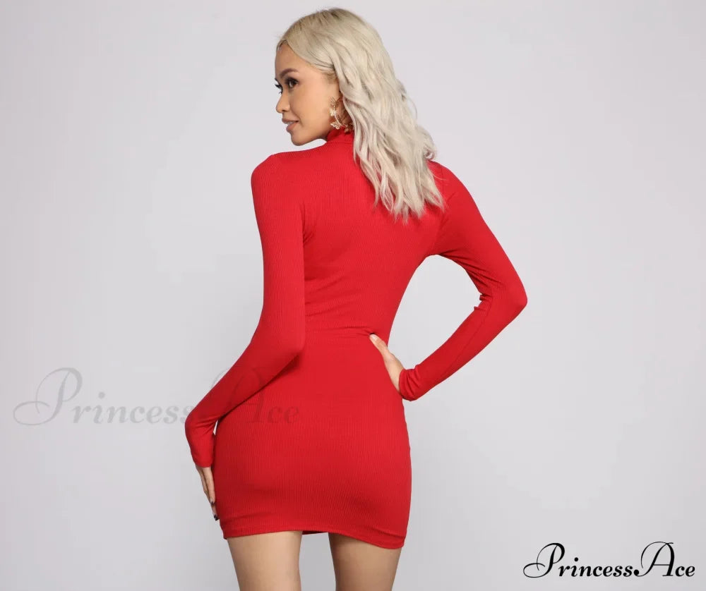 Basic Ribbed Knit Charming Long Sleeve Mini Dress T-Shirts