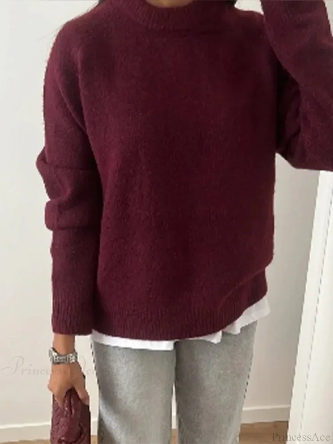 Basic Round Neck Casual Knitted Long Sleeved Loose Christmas Sweater Sweaters-L