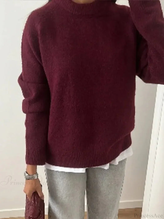 Basic Round Neck Casual Knitted Long Sleeved Loose Christmas Sweater Sweaters-L