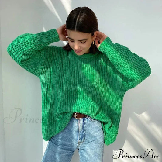 Basic Warm Vintage Green Thick Oversized Knitted Loose White Christmas Sweater
