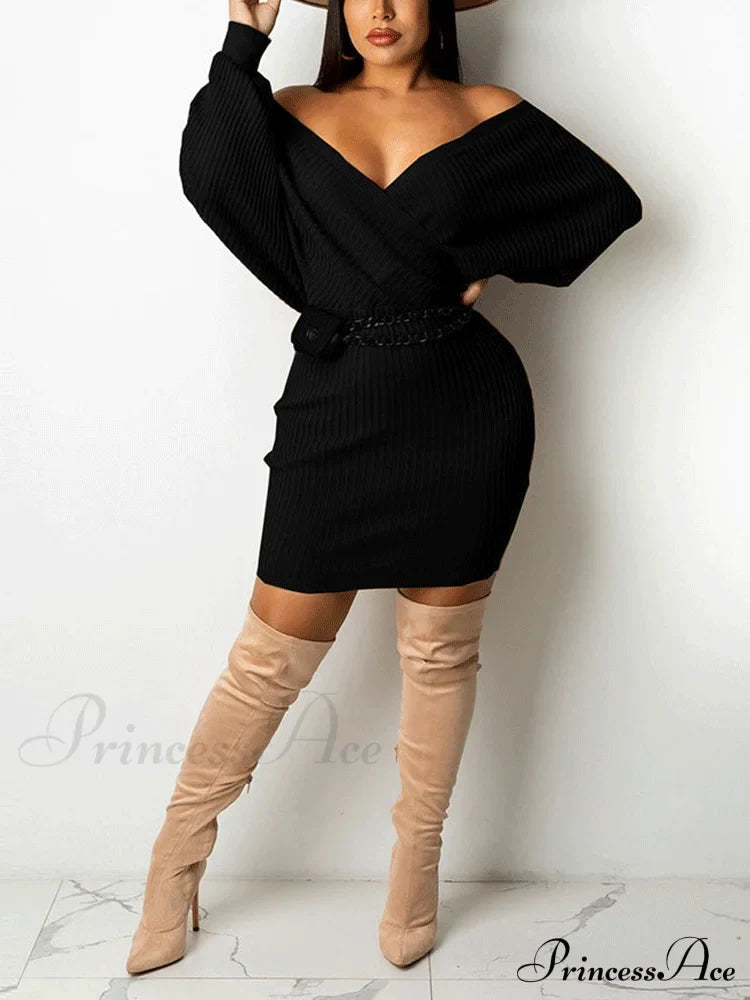 Batwing Sleeve Graceful Knit Turtleneck Sweaters Black / S Dresses