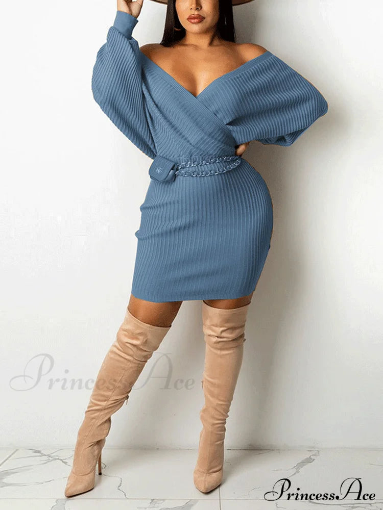 Batwing Sleeve Graceful Knit Turtleneck Sweaters Blue / S Dresses