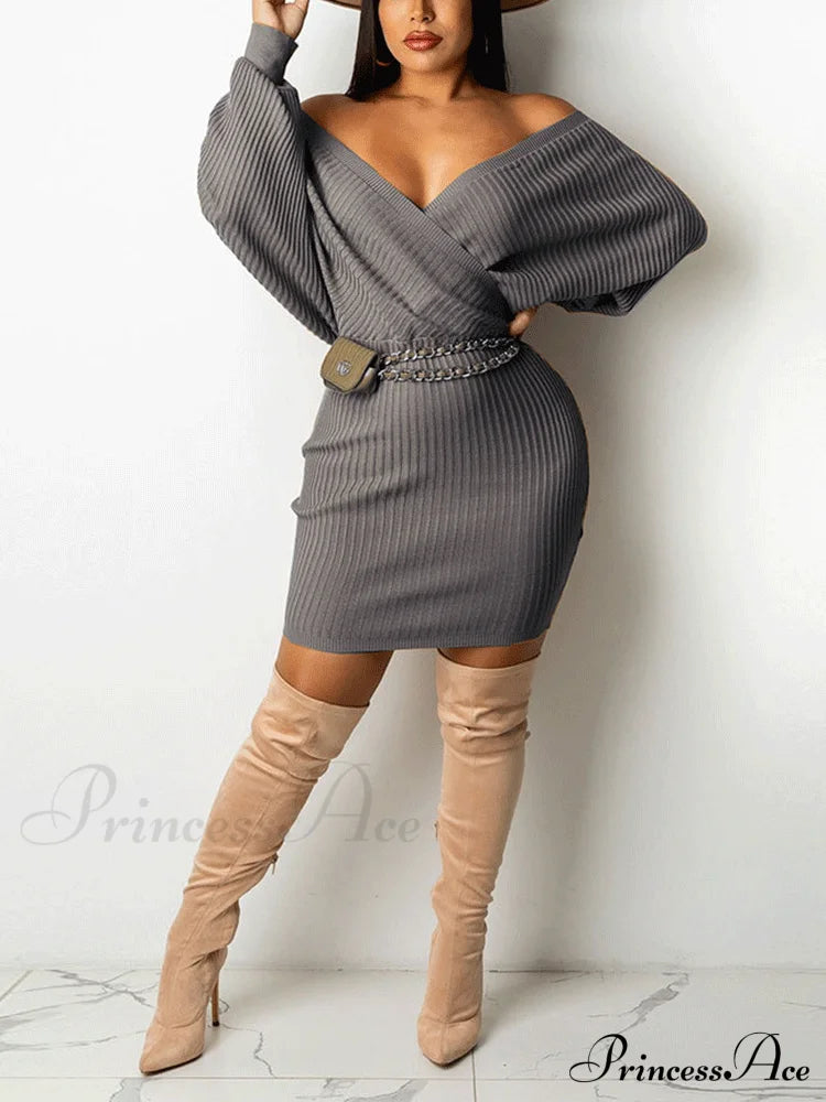 Batwing Sleeve Graceful Knit Turtleneck Sweaters Grey / S Dresses