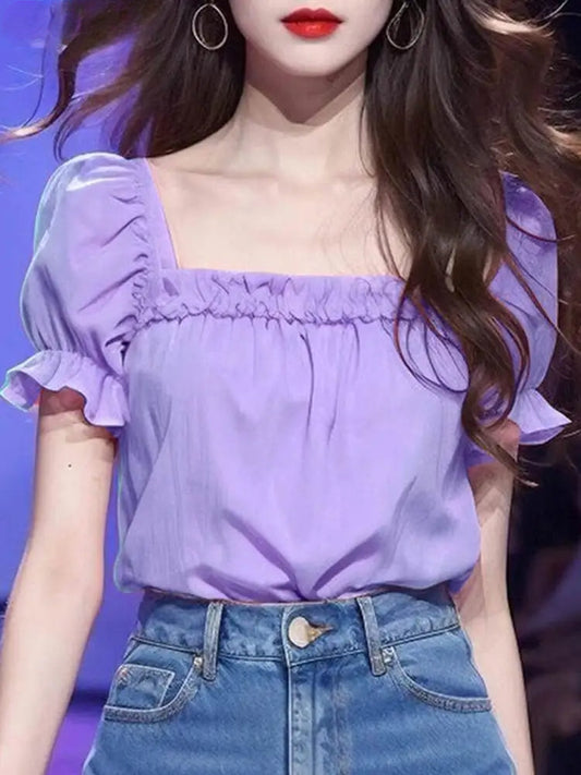 Solid Color Ruffled Square Neck Short Sleeve Bloshope
