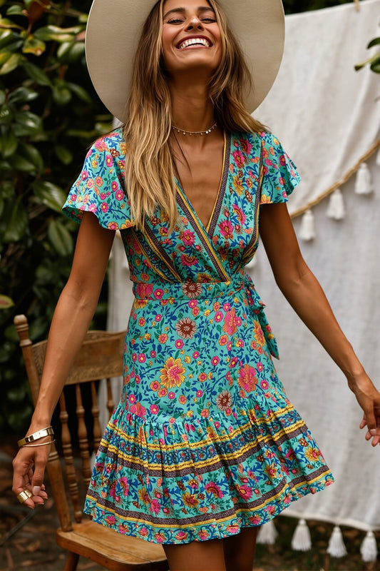 Mini V Neck Floral Print Boho Dress