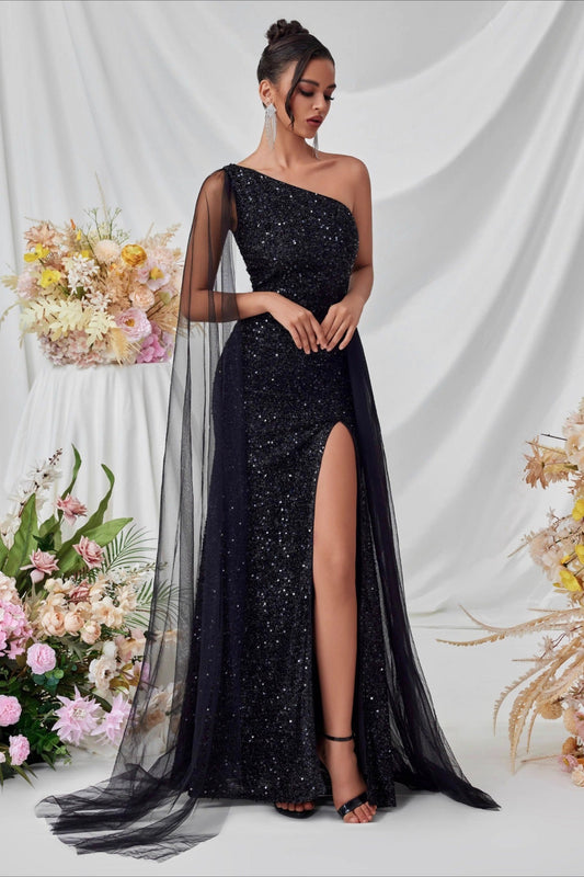 Sequin Mesh Panel Evening Party Dress