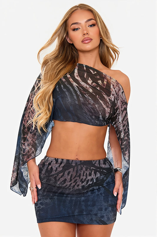 Tiger Print Mesh Off Shoulder Skirt Set