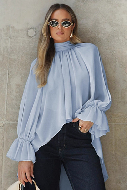 Blue Chiffon Bell Sleeve Cutout Bloshope