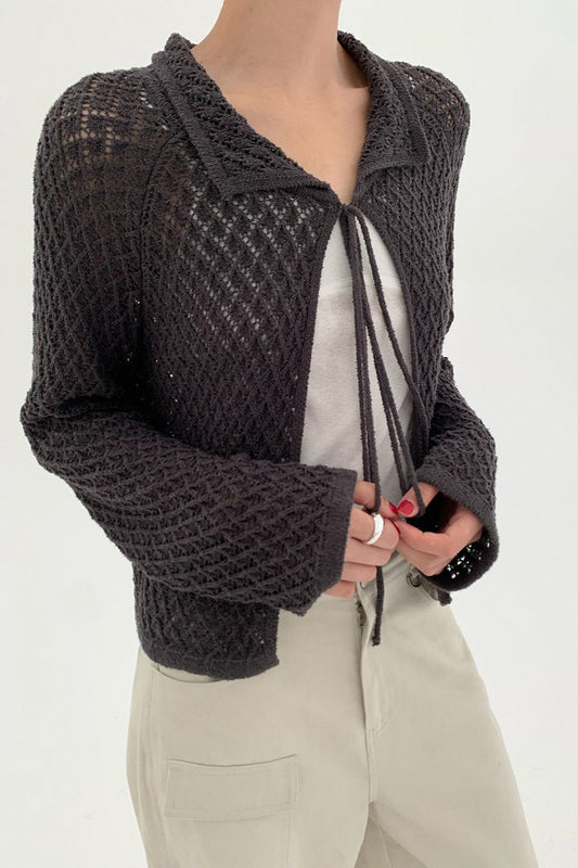 Hollow-Out Collared Tie-Waist Long-Sleeve Short Knit Cardigan