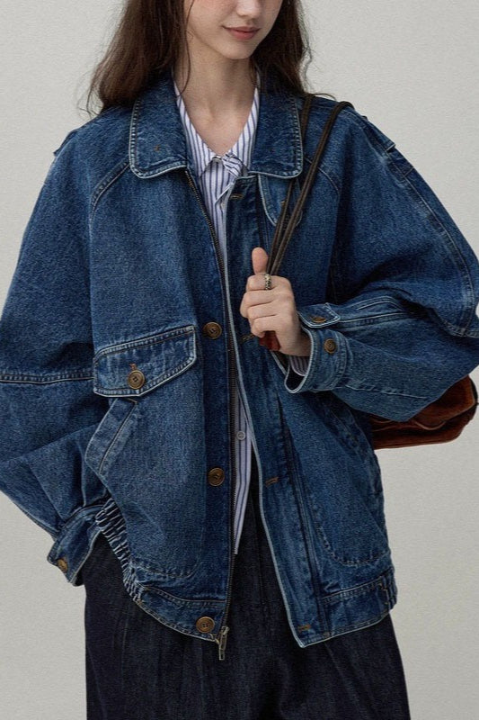 Stand Collar Washed Denim Utility Jacket