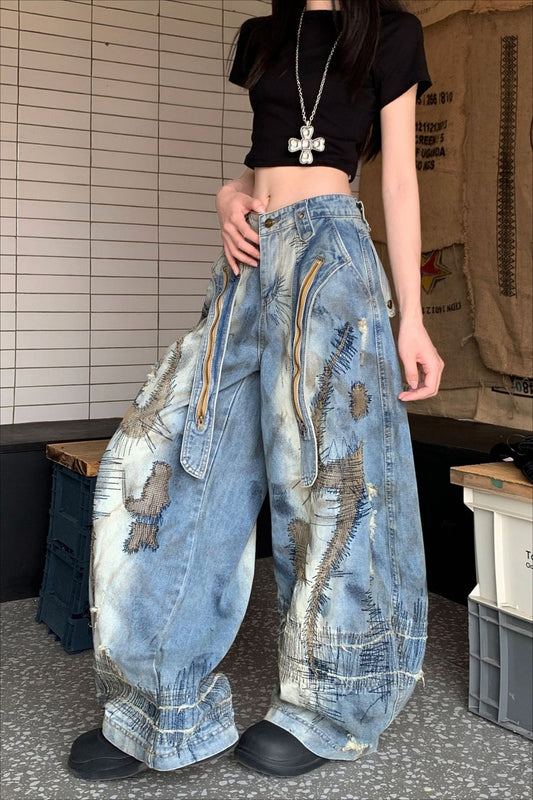 Grunge Embroidered Denim Jeans