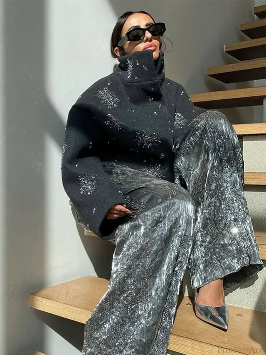 Beaded Flower Sequin Stand Collar Overcoat