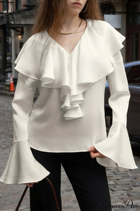Beige Ruffled V Neck Flared Sleeve Blouse
