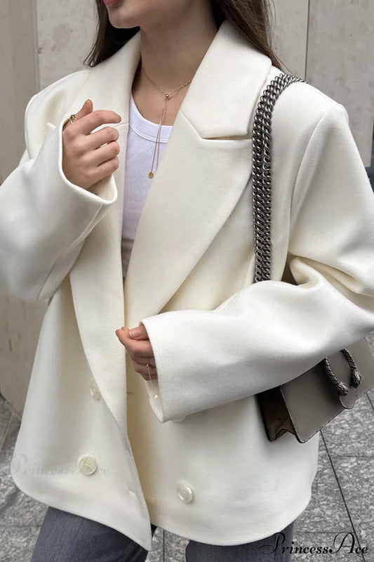 Beige Wool Blend Collared Mid Length Coat