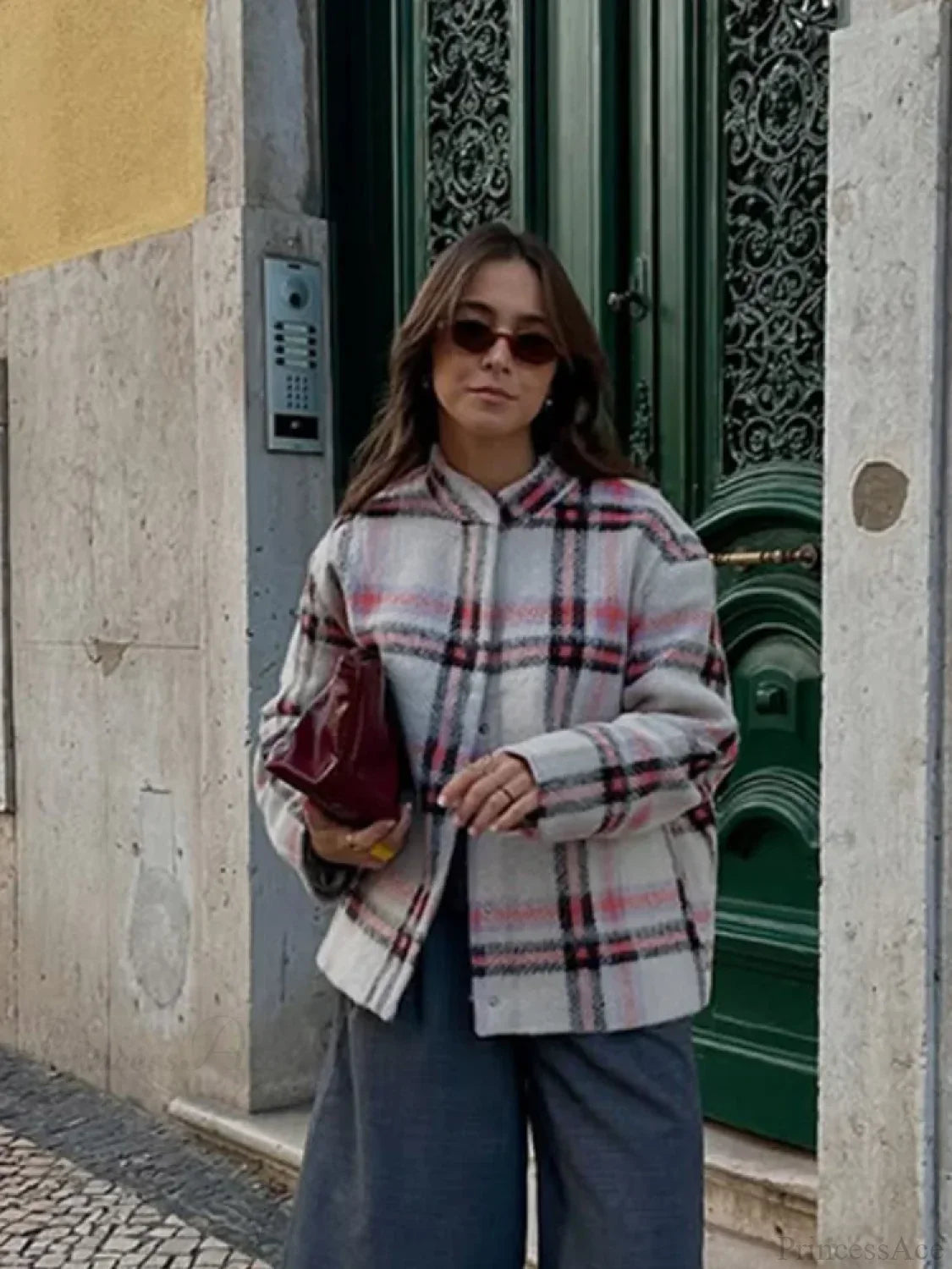 Big Plaid Print Woolen Bomber Coat