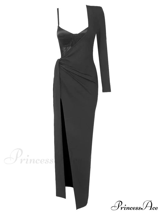 Black 2 Piece Set Sexy One Shoulder Long Ruched Elegant Christmas Party Dress