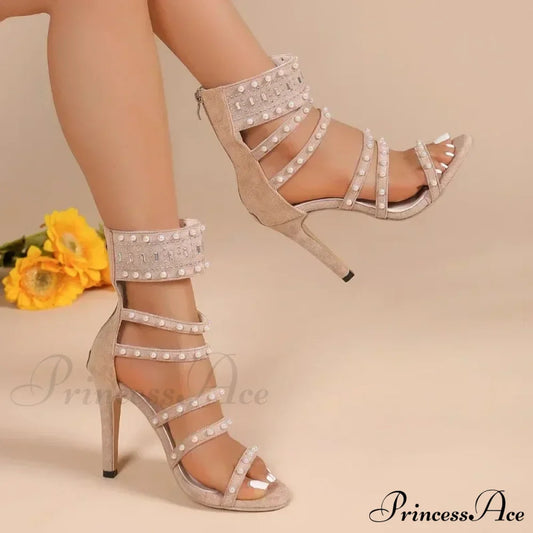 Black Beige Gladiator Sexy Peep Toe Diamond Pearl Ankle Band Zipper Cover Heels High Heel