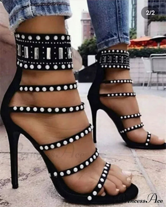 Black Beige Gladiator Sexy Peep Toe Diamond Pearl Ankle Band Zipper Cover Heels High Heel