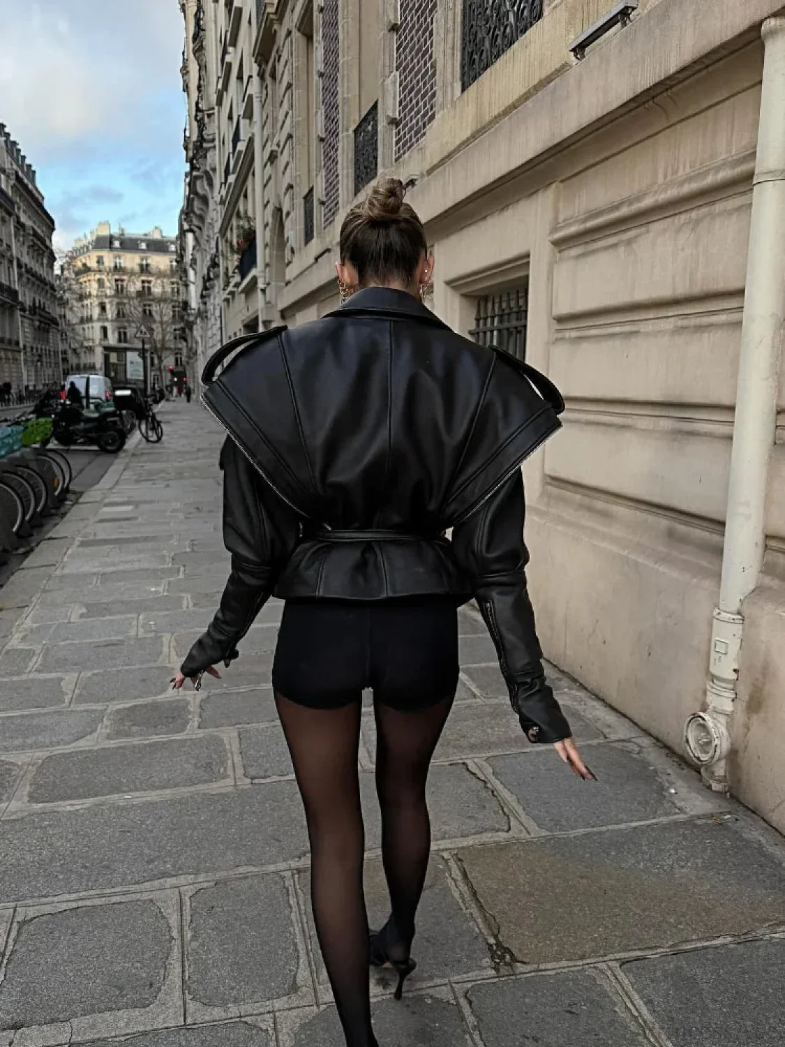 Black Belted Zipper Bomber Leather Coat