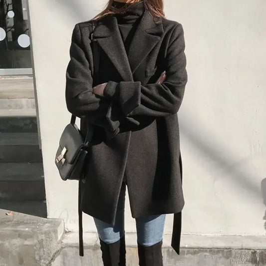 Black Blazer Wool Blend Lace-Up Overcoat Black Jackets / S