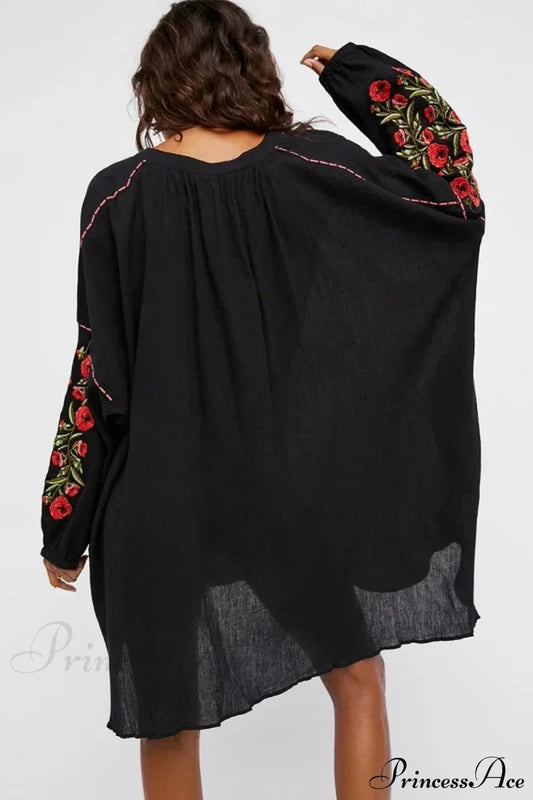 Black Cotton Rayon Floral Embroidery Beach Dress