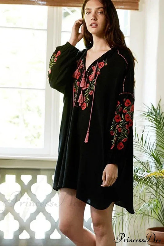 Black Cotton Rayon Floral Embroidery Beach Dress