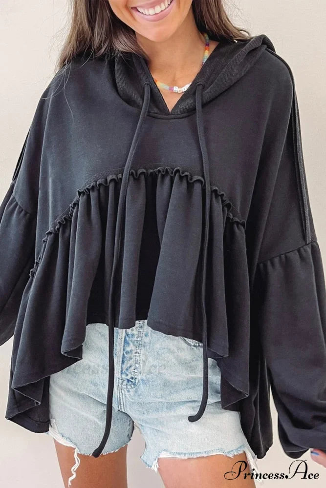 Black Drop Ruffled Oversized High Low Hem Shoulder Hoodie Sweaters-L
