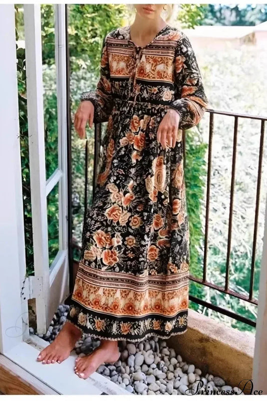 Black Floral Print Tie Neck Long Sleeve Rayon Maxi Boho Dress