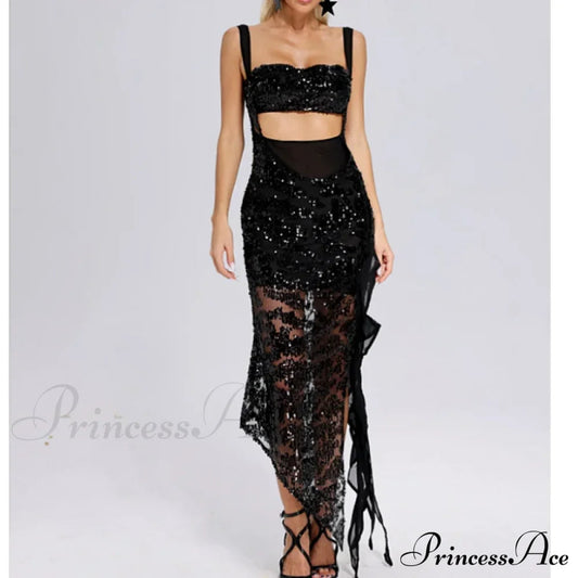 Black Sequins Spaghetti Strap Party Dress