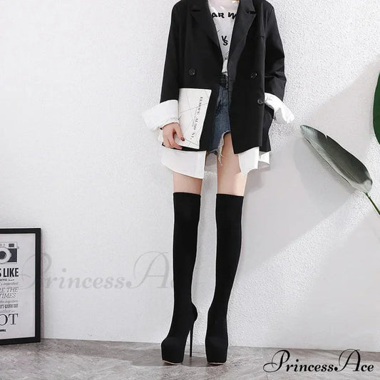Black Sexy Thigh High Long Socks Boots Pointed Toe 16CM High Heels Platform Slim Elastic High Heel