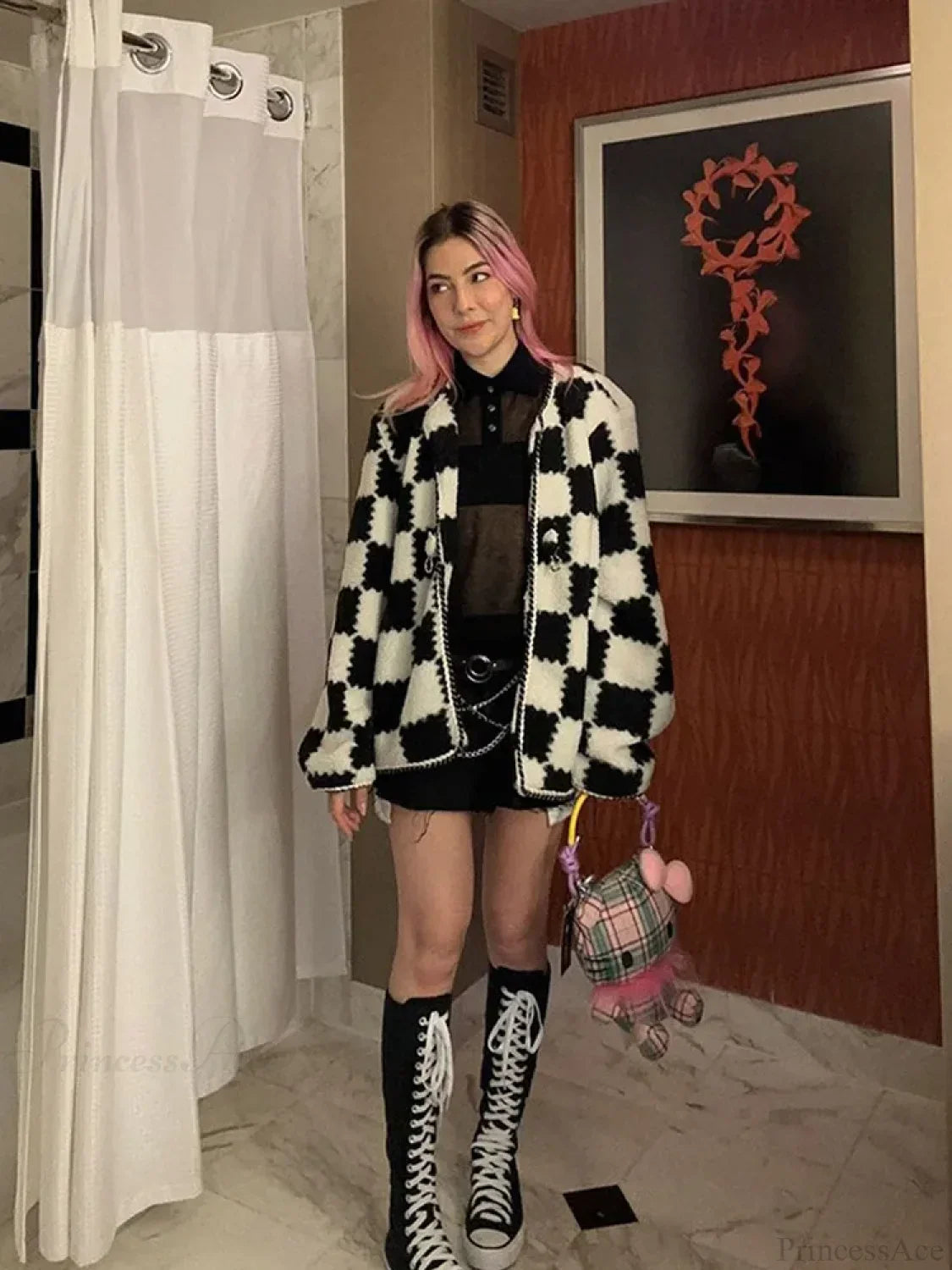 Black White Plaid Cotton Coat Plaid / S